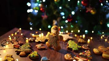 Gingerbread man in a protective mask stands on the table video