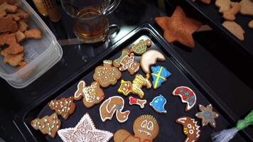 Tray with multi-colored decorated gingerbread cookies stands on the table video