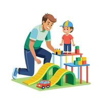 Father and Son Creating a Challenging and Fun Mini Obstacle Course Together vector
