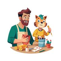Father and Son Creating Animal Masks from Cardboard and Craft Supplies vector