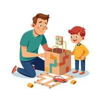Father and Son Creating a Challenging and Fun Cardboard Maze Together vector