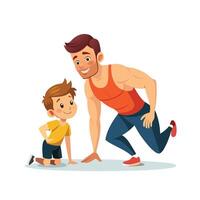 Father and Son Encouraging Each Other as They Compete in a Push-Up Challenge vector