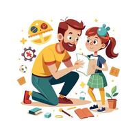 Father and Daughter Organizing a DIY Scavenger Hunt with Clues and Riddles vector