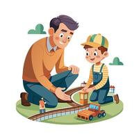 Father and Son Creating a Miniature World with Their Model Train Set vector