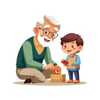 Grandfather Teaching his Grandchild How to Carve Simple Wooden Toy with Patience and Guidance vector