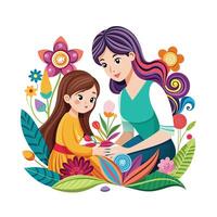 Mother and Daughter Displaying Their Paper Quilling Art with Pride and Smiles vector