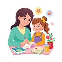 Mother and Daughter Displaying Their DIY Scrapbook Pages with Pride and Smiles vector