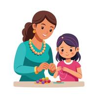 Mother and Daughter Creating a Beautiful and Colorful Beaded Bracelet with Laughter and Smiles vector