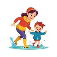 Mother and Son Having a Blast Doing a Fun Jump on the Puddle Challenge with Laughter and Smiles vector