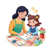 Mother and Daughter Creating DIY Scrapbook Pages with Fun and Creativity vector
