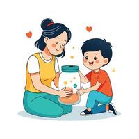 Mother and Son Displaying Their Memory Jar with Pride and Smiles vector
