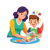 Mother and Son Displaying Their Suncatcher Art with Pride and Smiles vector