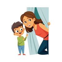 Mother and Son Having a Blast Playing Hide and Seek in the House with Laughter and Smiles vector