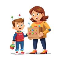 Mother and Son Creating a Cardboard Robot Costume with Fun and Creativity vector