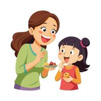 Mother and Daughter Having a Blast Trying a No-Hands Eating Challenge with Laughter and Smiles vector