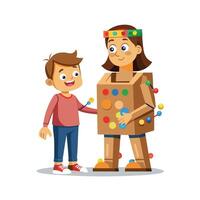Mother and Son Displaying Their Cardboard Robot Costume with Pride and Smiles vector