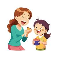 Mother and Daughter Trying a No-Hands Eating Challenge with Laughter and Smiles vector