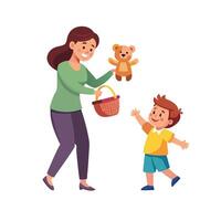 Mother and Son Competing in a Teddy Bear Toss Game with Laughter and Smiles vector