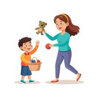 Mother and Son Having a Blast Competing in a Teddy Bear Toss Game with Laughter and Smiles vector