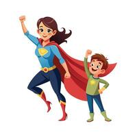 Mother and Son Pretending to Be Superheroes with Capes and Fun vector