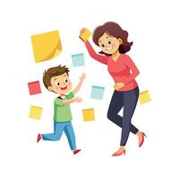 Mother and Son Having a Blast Competing in a Sticky Note Challenge with Laughter and Smiles vector