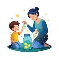 Mother and Son Designing DIY Glow Stick Lanterns with Fun and Creativity vector