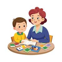 Mother and Son Displaying Their Scrapbook with Pride and Smiles vector