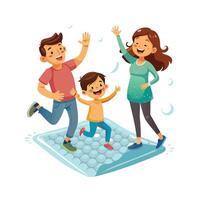 Parents and Kids Having a Blast Having a Bubble Wrap Stomping Challenge with Laughter and Smiles vector