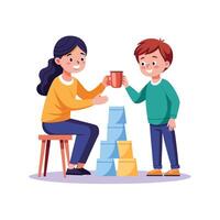 Siblings Competing in a Cup Stacking Challenge with Fun and Speed vector
