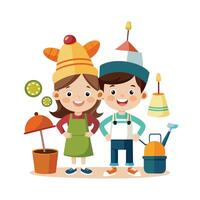 Siblings Having a Funny Hat Contest Using Household Items with Fun and Laughter vector