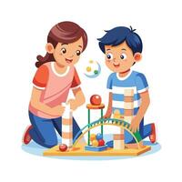 Siblings Building a Marble Run Using Household Items with Fun and Creativity vector