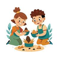 Siblings Creating Homemade Bird Feeders from Pinecones and Fun vector
