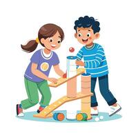 Siblings Creating a DIY Marble Run with Cardboard and Fun vector