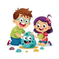 Siblings Displaying Their Hand-Painted Rock Monsters with Pride and Smiles vector