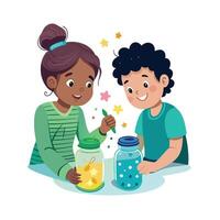 Siblings Designing DIY Glow-in-the-Dark Mason Jars with Fun and Creativity vector