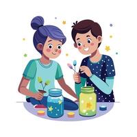 Siblings Displaying Their DIY Glow-in-the-Dark Mason Jars with Pride and Smiles vector