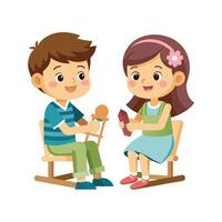 Siblings Displaying Their Rocking Chairs for Dolls with Pride and Smiles vector
