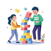 Siblings Enjoying a Fun and Exciting Domino Chain Reaction with Laughter and Smiles vector