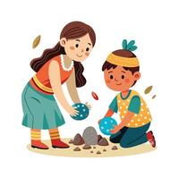 Siblings Creating a Rock Collection with Painted Rocks and Fun vector