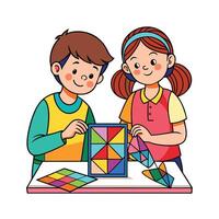 Siblings Creating a Colorful DIY Stained Glass Craft with Fun and Creativity vector