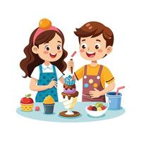 Siblings Creating a DIY Ice Cream Bar with Toppings and Fun vector