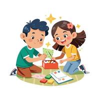 Siblings Displaying Their Homemade Scratch-Off Cards with Pride and Smiles vector