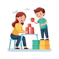 Siblings Enjoying a Fun and Fast Cup Stacking Challenge with Laughter and Smiles vector