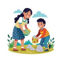Siblings Displaying Their Rock Collection with Pride and Smiles vector