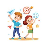 Siblings Displaying Their Paper Plane Stunts with Pride and Smiles vector