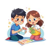 Siblings Creating Homemade Scratch-Off Cards with Fun and Creativity vector