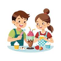 Siblings Enjoying a Fun and Delicious DIY Ice Cream Bar with Laughter and Smiles vector