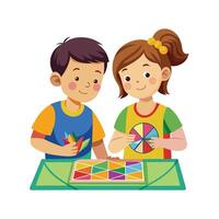 Siblings Displaying Their Colorful DIY Stained Glass Craft with Pride and Smiles vector