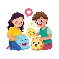 Siblings Displaying Their DIY Emoji Pillows with Pride and Smiles vector