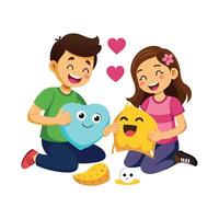 Siblings Designing DIY Emoji Pillows with Fabric and Fun vector